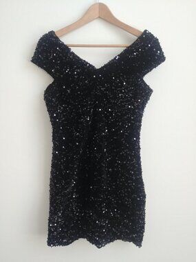 Zara Large runs small black velvet sequin off the shoulder mini dress